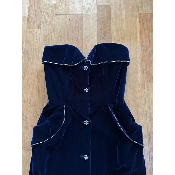 VINTAGE 80s Victor Costa Navy Velvet Crystal Trim Strapless Cocktail Dress Sz 6 - Picture 3 of 16
